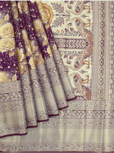 Vivaha Kanchipuram Tissue Silk Rose Jaal with Peacock Arch Pallu Saree