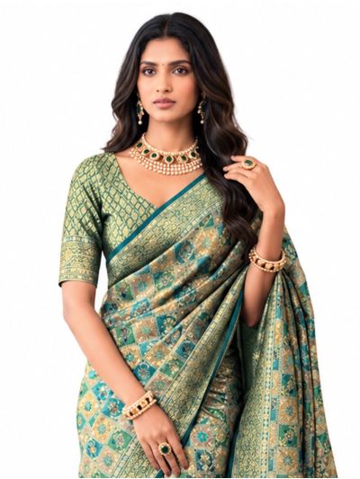 Gracecharm Mashru Kanjivaram Silk Floral Vine Square Trellis Saree
