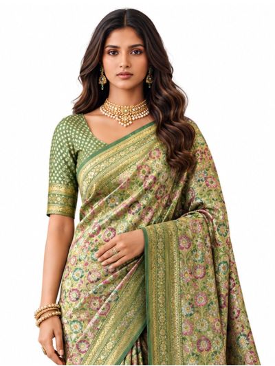 Gracecharm Mashru Kanjivaram Silk Floral Bouquet Medallion Jaal Saree