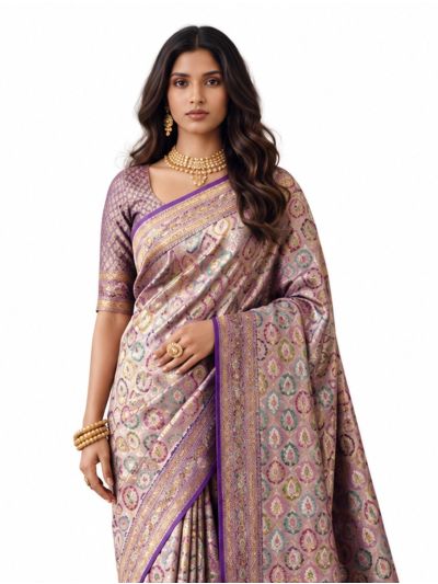 Gracecharm Mashru Kanjivaram Silk Floral Bouquet Medallion Jaal Saree