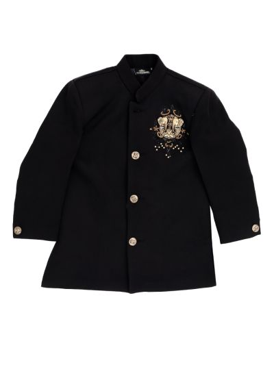 Royal Elegance Boys Black Elephant Crest Embroidered Bandhgala Suit Set