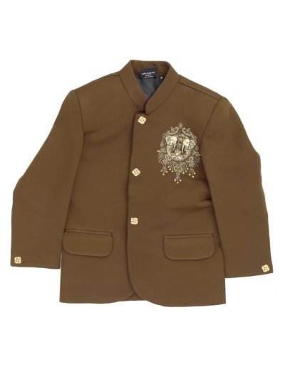 Royal Elegance Boys Olive Brown Elephant Crest Embroidered Bandhgala Suit Set