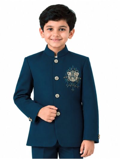 Royal Elegance Boys Deep Teal Blue Peacock Crest Embroidered Bandhgala Suit Set