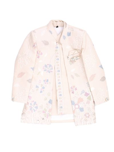 Royal Elegance Boys Ivory Beige Floral Embroidered Indo-Western 3 Piece Suit Set