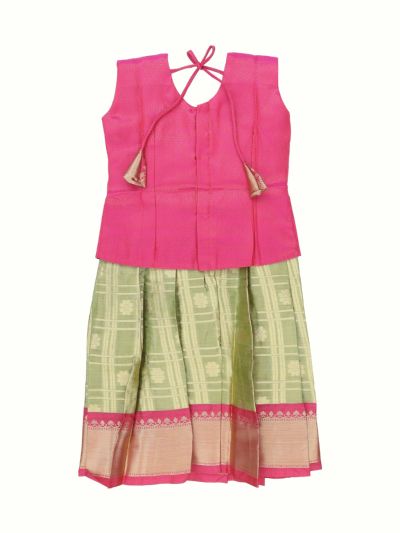 Charming Girls Readymade Art Silk Diamond with Checked Floral Pattu Pavadai Set
