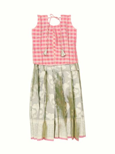 Charming Girls Readymade Art Silk Checks with Floral Brocade Pattu Pavadai Set