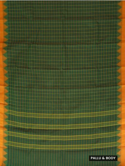 Gracecharm Elegant Kovai Cotton Green Mustard Check Temple Saree