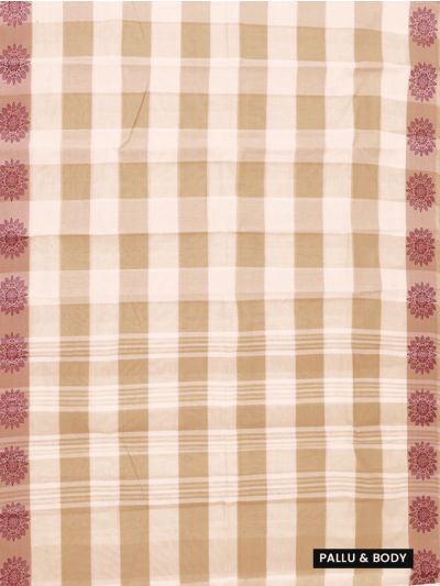 Gracecharm Elegant Kovai Cotton Beige Check Floral Border Saree   