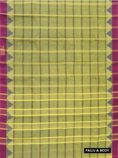 Gracecharm Elegant Cotton Multi Check Temple Border Saree - Without Blouse