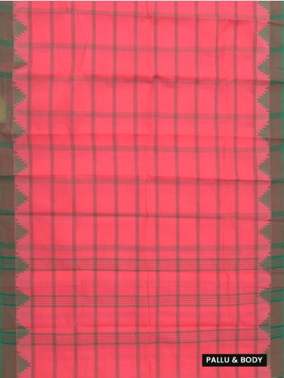 Gracecharm Elegant Cotton Fine Check Temple Border Saree - Without Blouse
