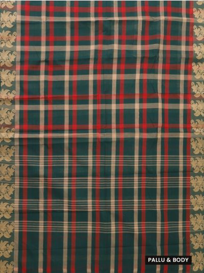 Gracecharm Elegant Cotton Bold Check Floral Border Saree - Without Blouse