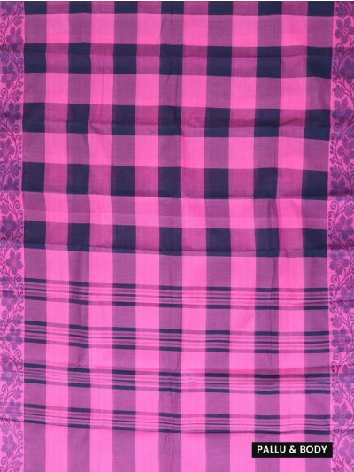 Gracecharm Elegant Cotton Bold Check Floral Vine Border Saree - Without Blouse