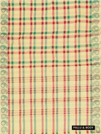 Gracecharm Elegant Cotton Multi Check Paisley Border Saree - Without Blouse