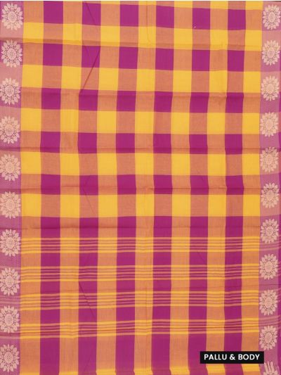 Gracecharm Elegant Cotton Bold Check Floral Border Saree - Without Blouse