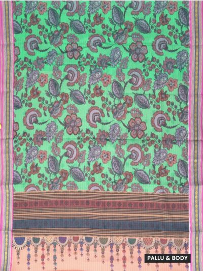 Gracecharm Elegant Chanderi Cotton Floral Print Striped Pallu Saree