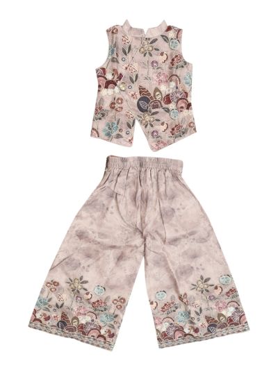 Graceful Essence Girls Floral Embellished Vest with Wide-Leg Pant Set