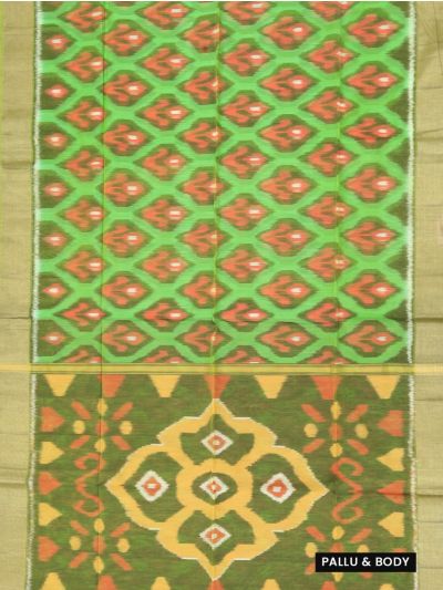 Gracecharm Pochampally Silk Cotton Ikat Flame Butta with Floral Pallu Saree