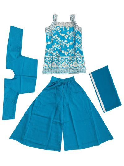 Graceful Essence Girls Floral Embroidered Top Palazzo Dupatta Set