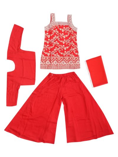 Graceful Essence Girls Floral Embroidered Top Palazzo Dupatta Set