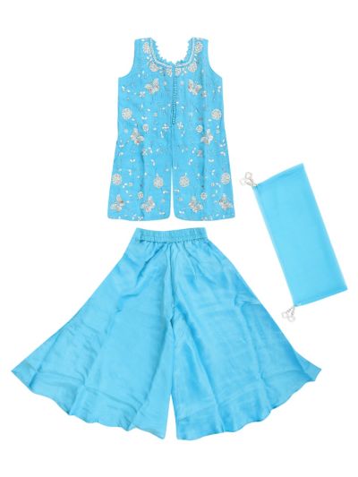 Graceful Essence Girls Floral Butterfly Embroidered Top Palazzo Dupatta Set