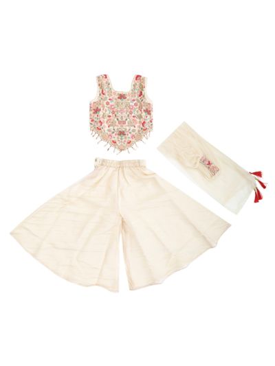Graceful Essence Girls Floral Embroidered Crop Top Palazzo Dupatta Set