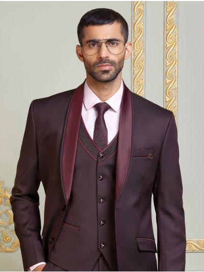 Bennevis Men’s Wine Satin Shawl Lapel Tuxedo 5 Piece Suit Set