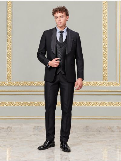 Bennevis Men’s Satin Shawl Lapel Geometric Diamond Waistcoat Tuxedo 5 Piece Suit Set