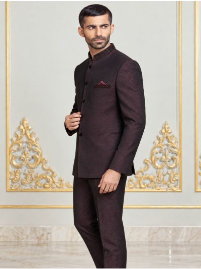 Bennevis Men’s Floral Scroll Patterned Embellished Collar Jodhpuri 2 Piece Suit Set