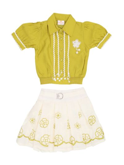 Graceful Essence Girls Floral Embroidered Puff Sleeve Top and Short Skirt Set