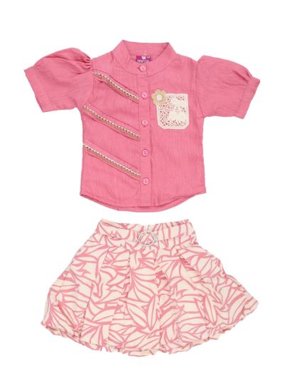 Graceful Essence Girls Puff Sleeve Lace Applique Top and Leaf Print Skirt Set