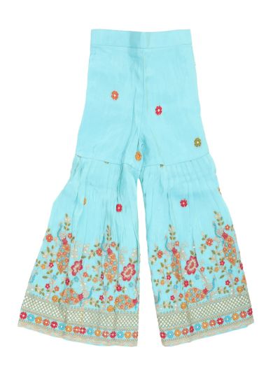 Graceful Essence Girls Peacock Floral Embroidered Kurta Sharara Dupatta Set