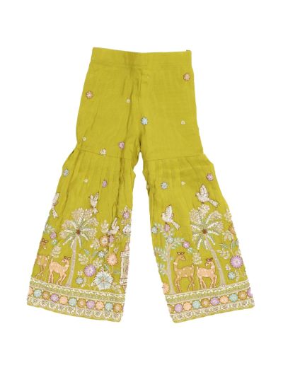 Graceful Essence Girls Deer Bird Floral Embroidered Kurta Sharara Dupatta Set