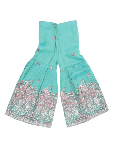 Graceful Essence Girls Peacock Floral Embroidered Kurta Gharara Dupatta Set