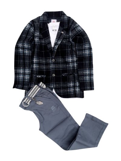 Gracecharm Boys Plaid Check Blazer Graphic Print T-Shirt Trouser Set