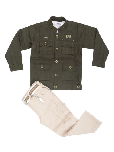 Gracecharm Boys Utility Pocket Jacket Printed T-Shirt Beige Cargo Trousers Set
