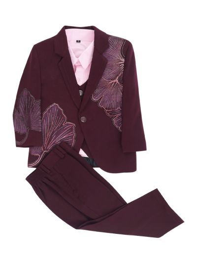 Royal Elegance Boys Ginkgo Leaf Embroidered Blazer Waistcoat Shirt Trousers Suit Set