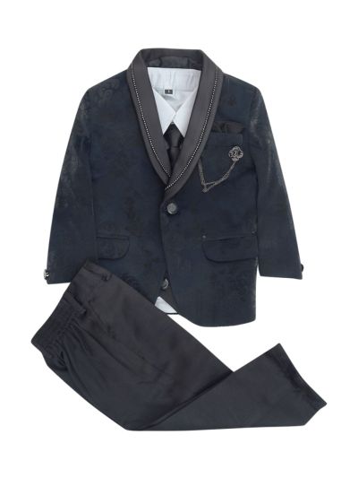 Royal Elegance Boys Floral Pattern Shawl Collar Blazer Waistcoat Shirt Trousers Suit Set