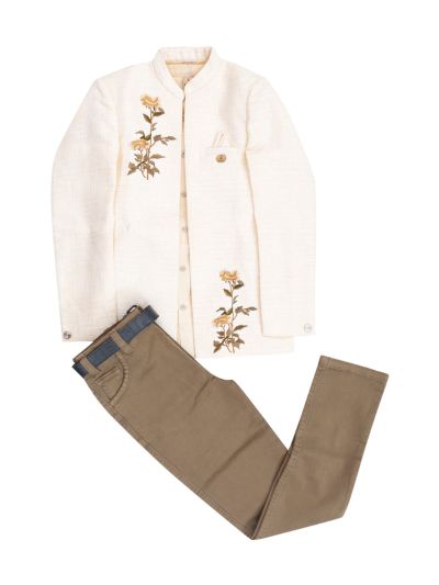 Gracecharm Boys Floral Embroidered Mandarin Collar Blazer Shirt and Trouser Set
