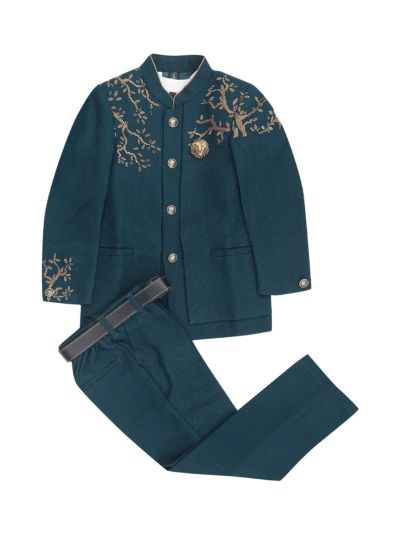 Royal Elegance Boys Gold Branch Embellished Mandarin Collar 3 Piece Suit Set