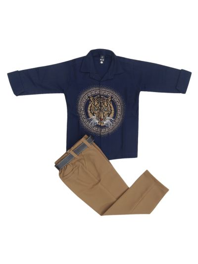 Gracecharm Boys Tiger Motif Embellished Shirt and Trouser 2 Piece Set