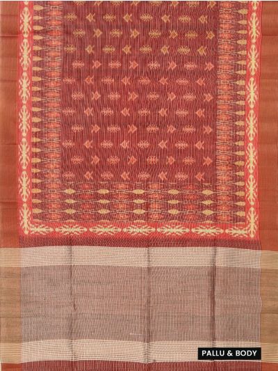 Gracecharm Semi Jute Geometric Ikat Butta with Striped Pallu Border Saree