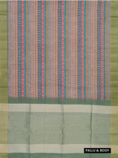 Gracecharm Semi Jute Multicolour Geometric Stripes with Check Pallu Border Saree