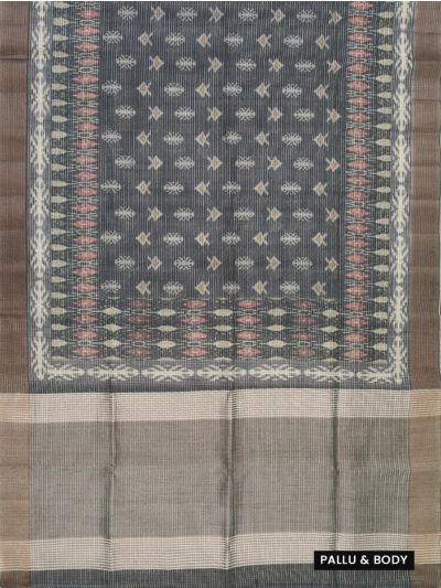 Gracecharm Semi Jute Geometric Ikat Butta with Striped Pallu Border Saree