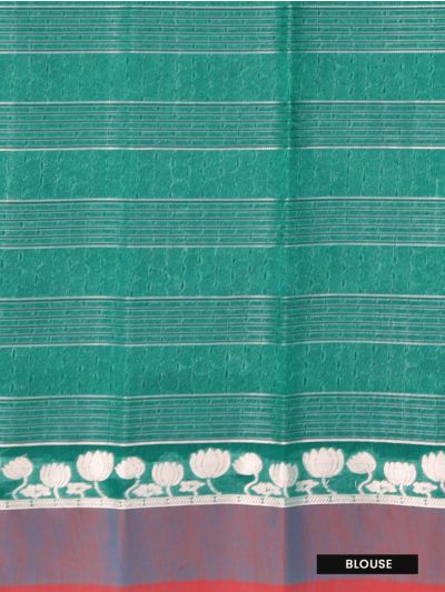 Gracecharm Kora Silk Cotton Teal Green Striped Lotus Butta Saree