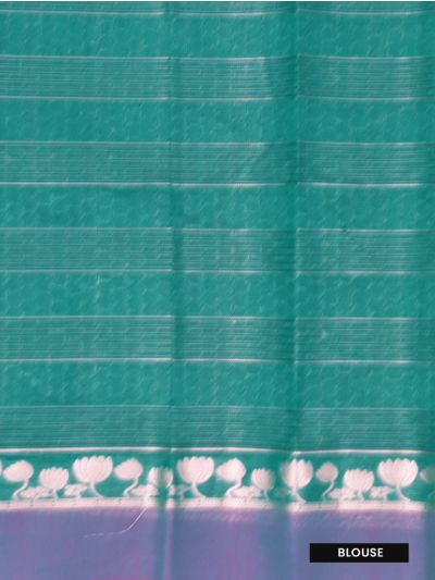 Gracecharm Kora Silk Cotton Teal Green Striped Lotus Butta Saree