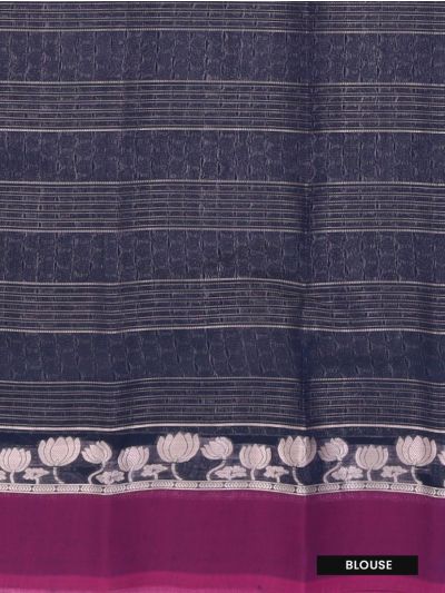 Gracecharm Kora Silk Cotton Navy Blue Striped Lotus Border Saree