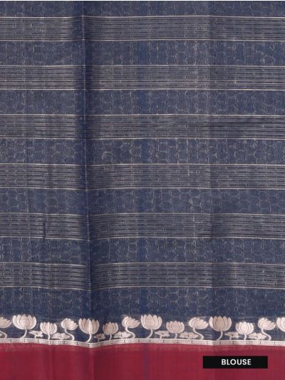 Gracecharm Kora Silk Cotton Navy Blue Lotus Zari Border Saree