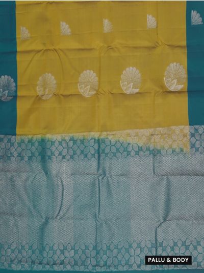 Gracecharm Art Soft Silk Mustard Fan Butta Teal Zari Saree