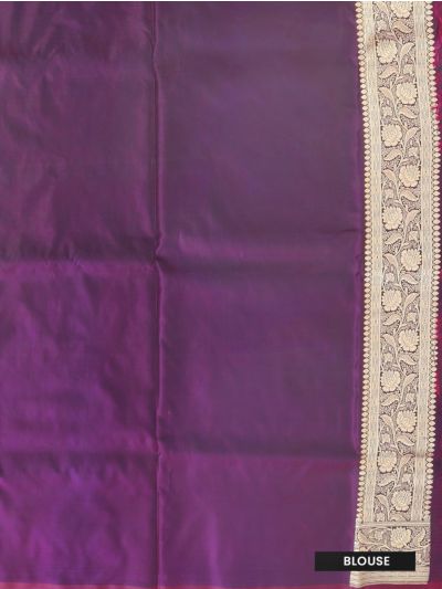 BlossomEase Semi Banarasi Purple floral motifs with antique zari Border Saree