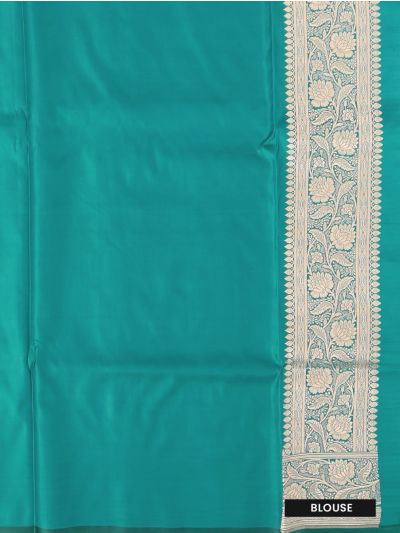 BlossomEase Semi Banarasi Turquoise floral motifs with antique zari Border Saree